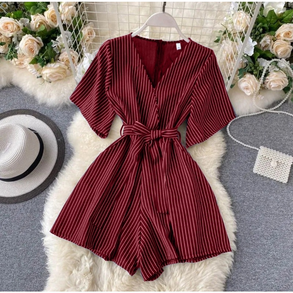 Jumpsuit pendek wanita Korea / Js Soila Stripe / jampsuit salur kekinian / Casual jumpsuit kimono salur