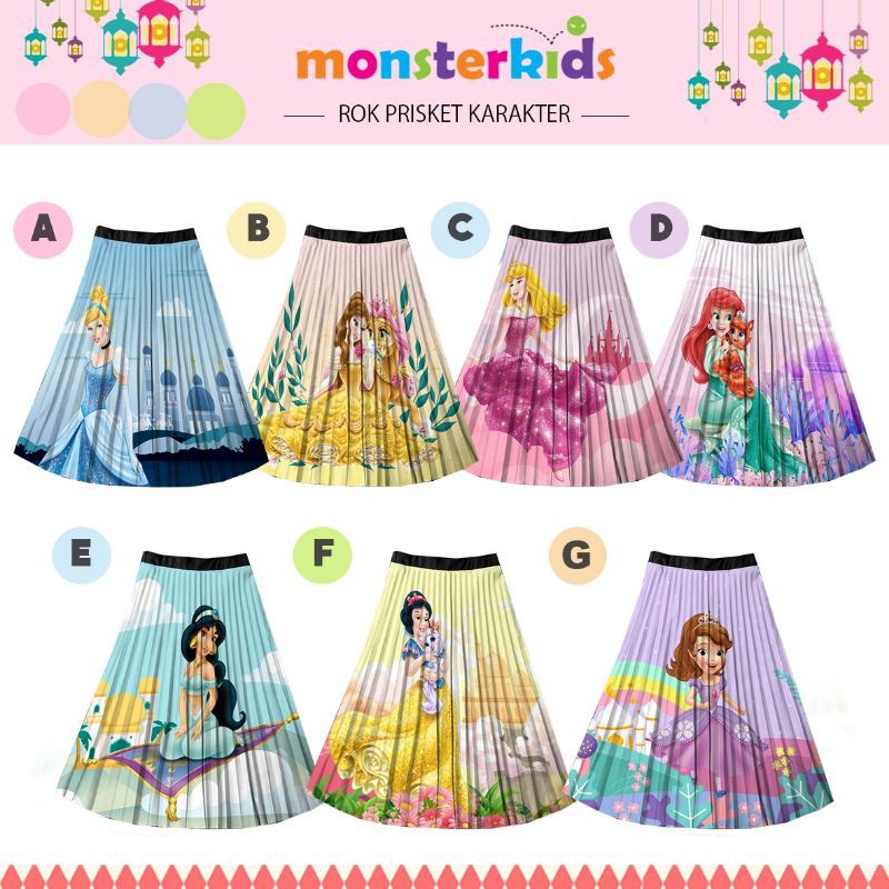 Import Rok Plisket Anak Princess Rapunzel Jasmine Snow White Sophia Ariel Cinderella Biru Ungu Pink