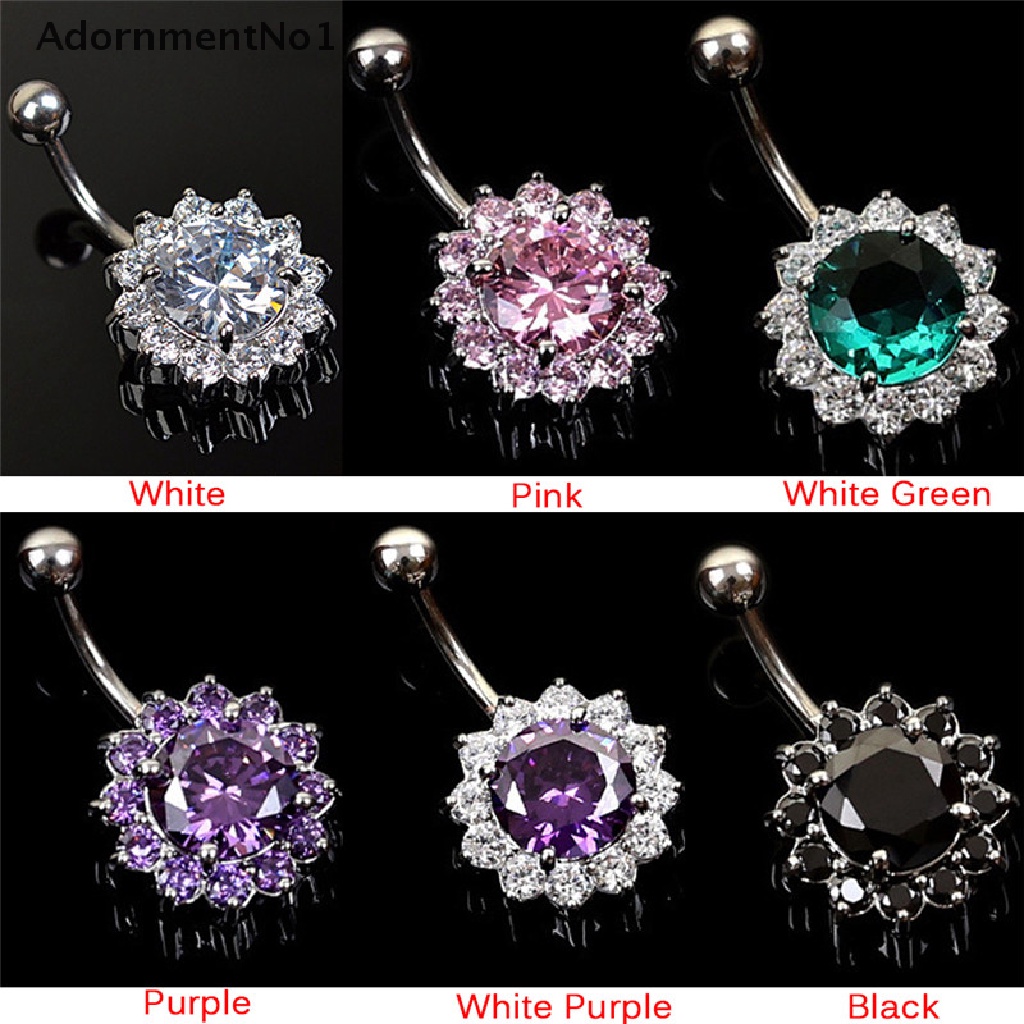 (AdornmentNo1) Anting Tindik Perut / Pusar Stainless Steel Motif Bunga Aksen Kristal Untuk Perhiasan Wanita