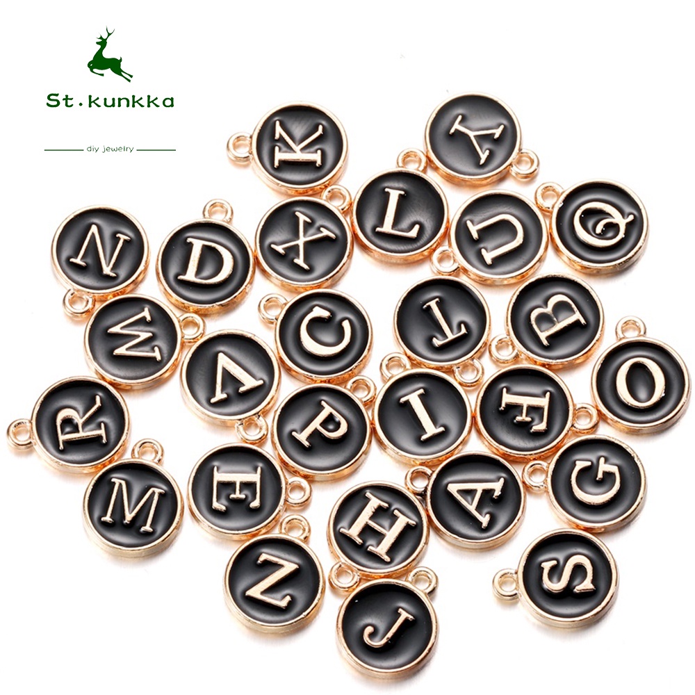 1pcs Charm epoxy letter A to Z black enamel coin pendant bracelet necklace one piece