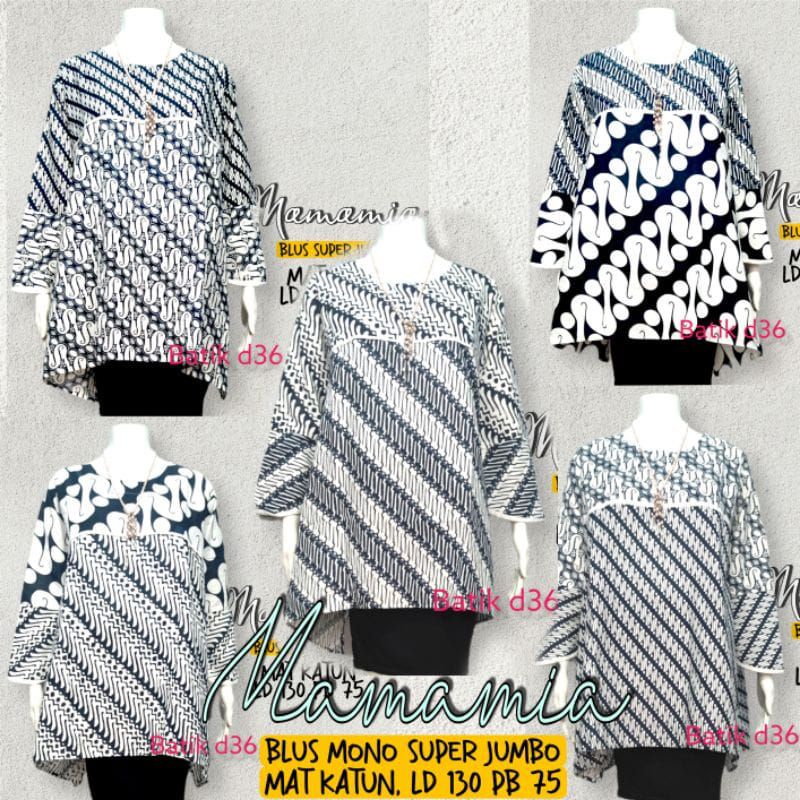 blus wanita monokrom Mamamia Super jumbo Batik halus ibu ibu remaja