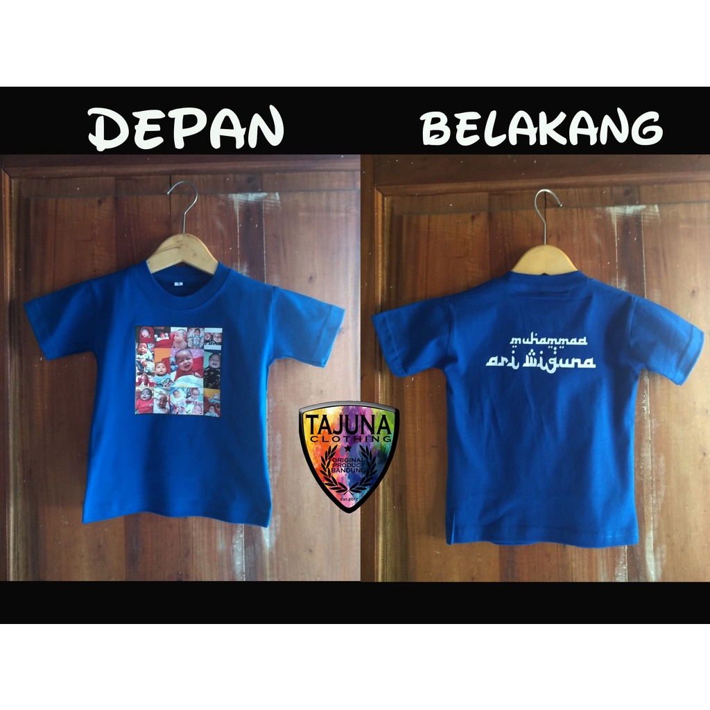 sablon 2 sisi Kaos untuk anak dengan design foto atw karakter kartun favorit di sertai nama anak