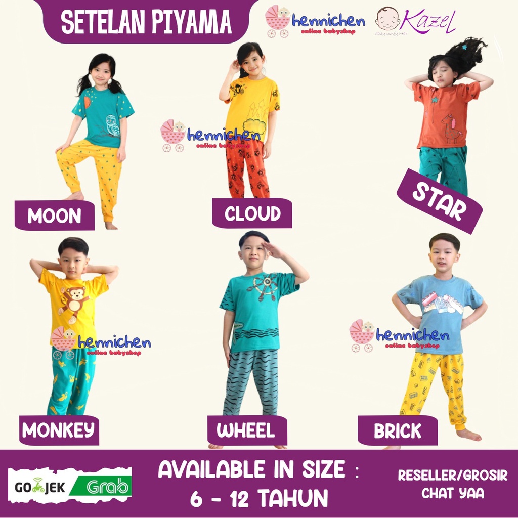 Zebe Piyama Motif Edition Piyama ANAK Setelan Lengan Pendek Celana Panjang 7-12 Tahun