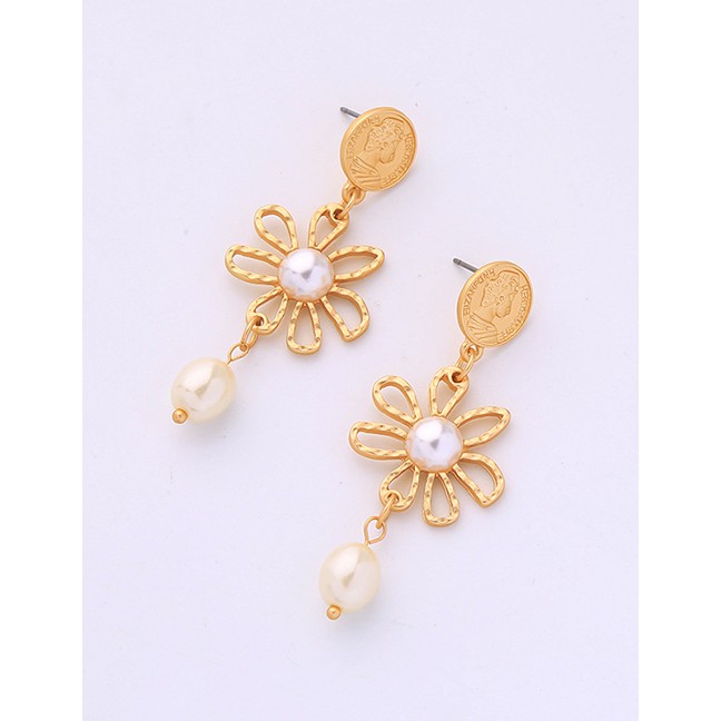 LRC Anting Tusuk Fashion Gold Flower Geometric Face Coin Pearl Earrings F94072