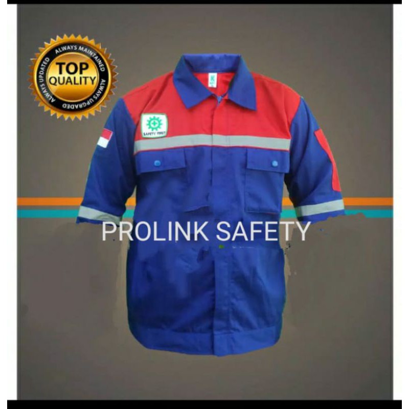 SERAGAM SAFETY RESLETING FREE LOGO K3 BENDERA MERAH BIRU LENGAN PENDEK KAIN DRILL