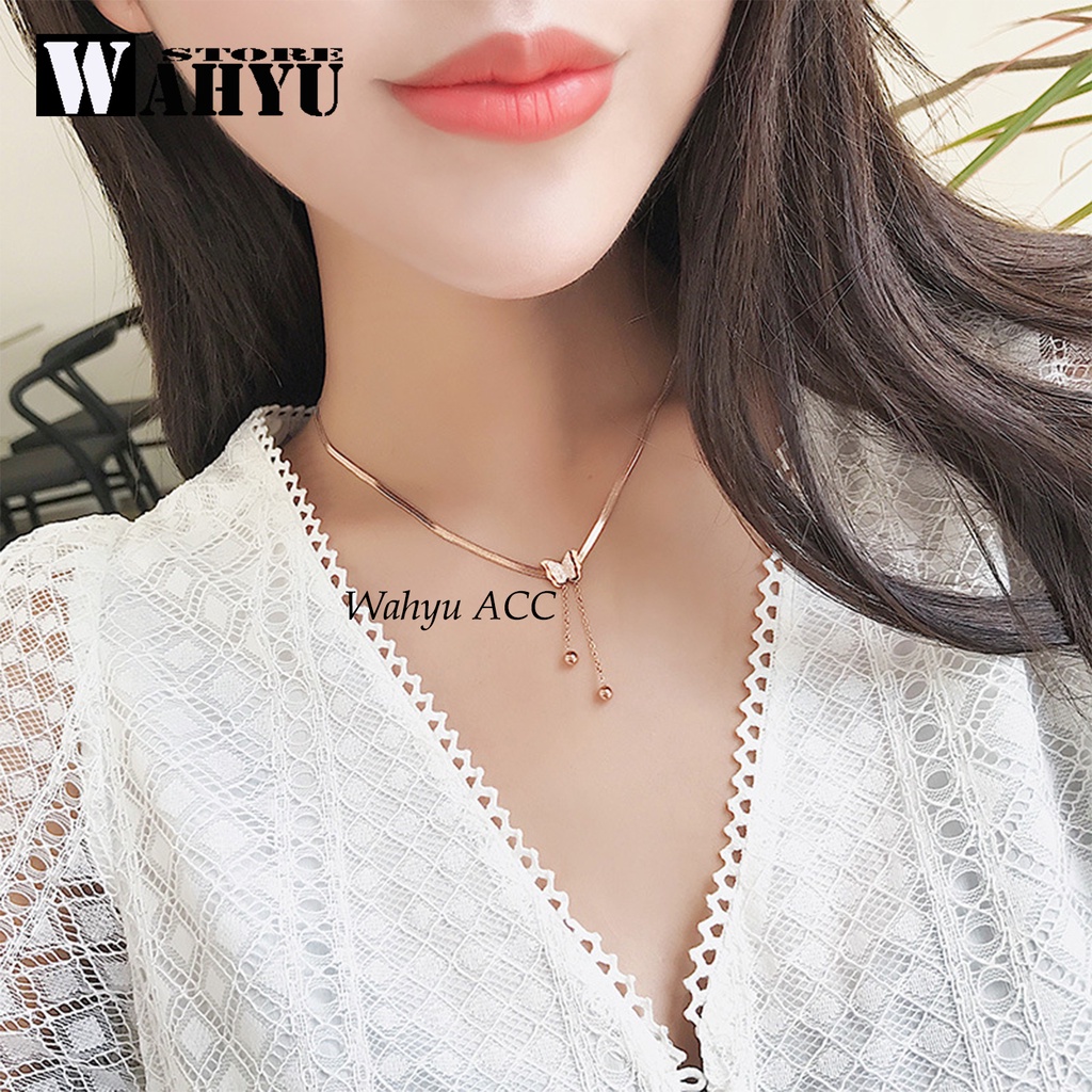 [ Bayar Ditempat ] Kalung Titanium Pipih Liontin Kupu Kupu / Accesories Fashion Wanita Kalung Anti K