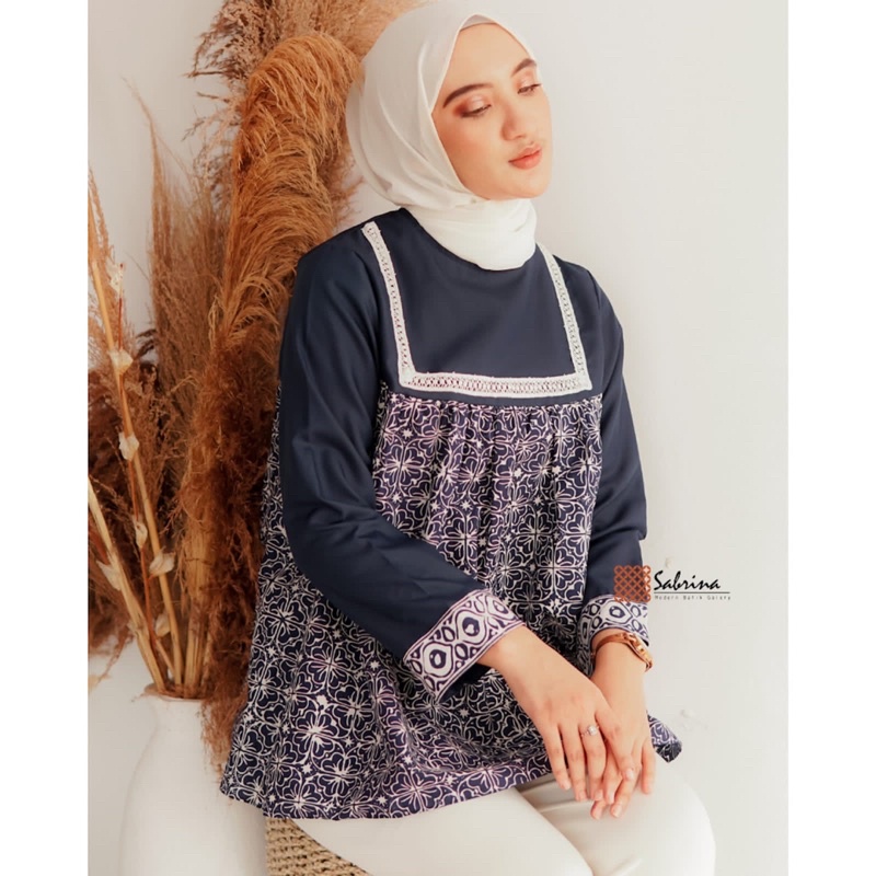 Adena Navy Blouse Atasan Batik Wanita Kerja Kantor Modern Kekinian Katun Cap