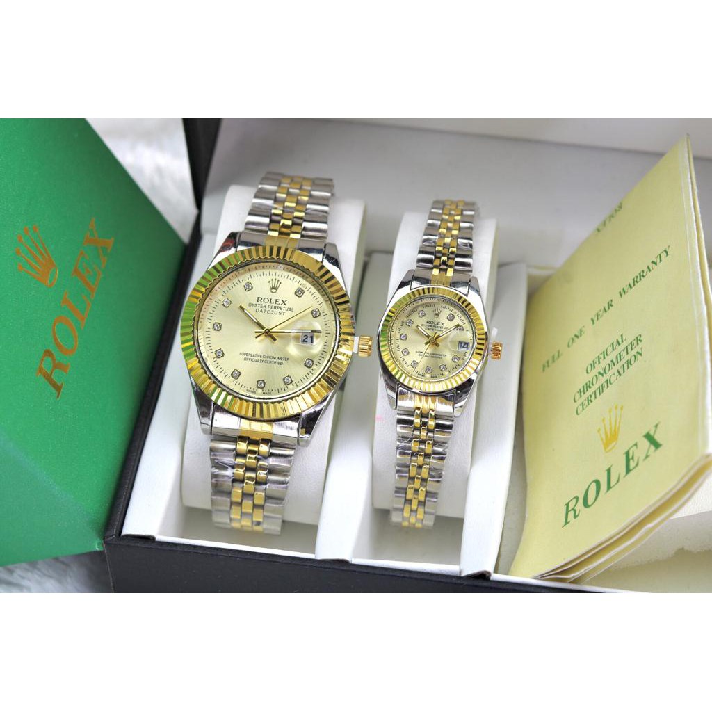 Terlaris  Jam Tangan Couple Rolex 879BT Tali Rantai Free Box Ori, Book, Paperbag & Baterai Cadangan 