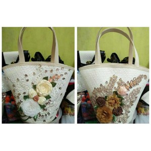 Tas Anyaman Pandan Motif Bunga + Kain Brokat