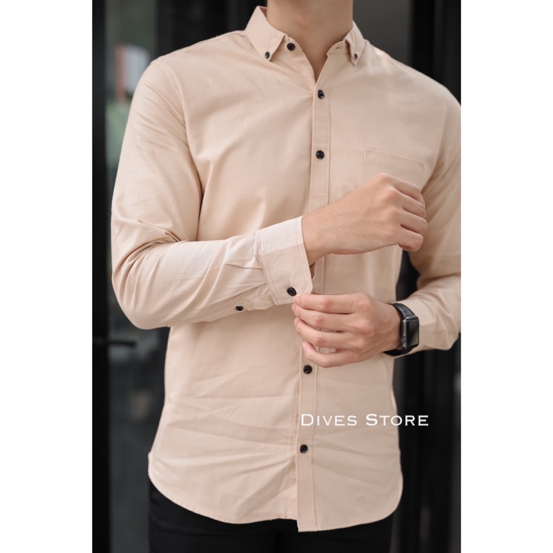 Kemeja pria polos slimfit kasual basic HeM lengan panjang krem