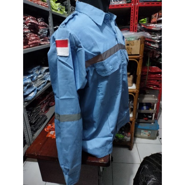 SERAGAM SAFETY BIRU MUDA KANCING DAN RESLETING