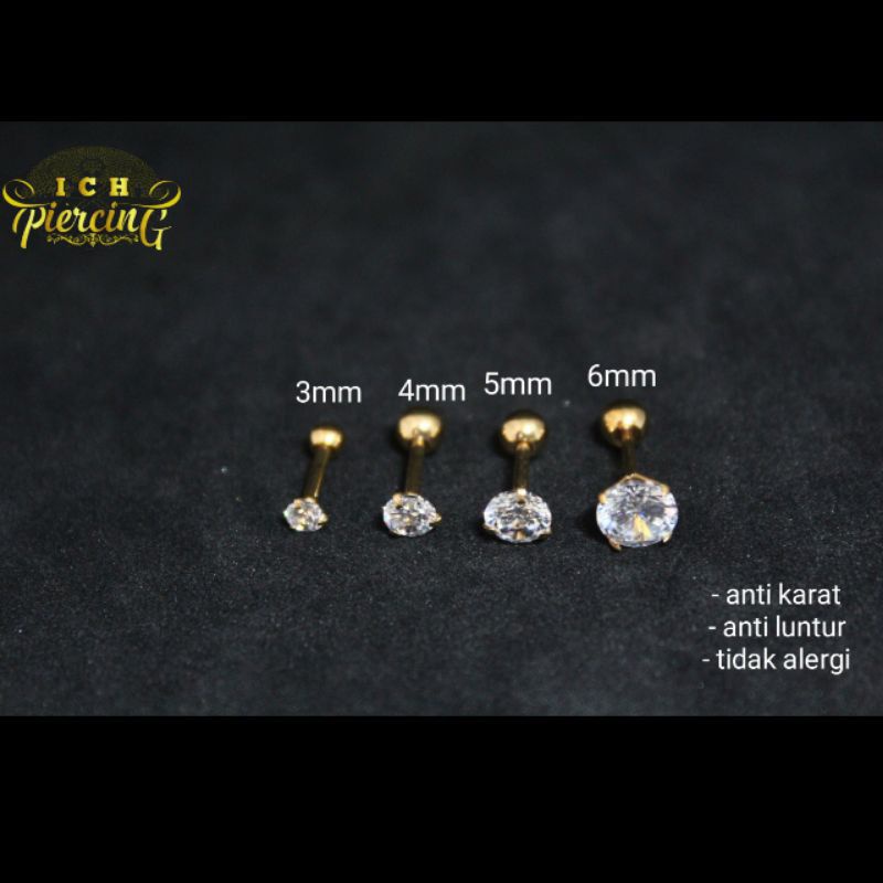 1Pc Anting Tusuk Titanium Zircon Berlian Permata Bentuk Ukuran 3mm-6mm