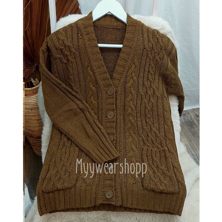 CABLE CARDY kardigan rajut kepang jumbo wanita panjang cardigan kancing oversize tebal terbaru impor-BROWN SUGAR