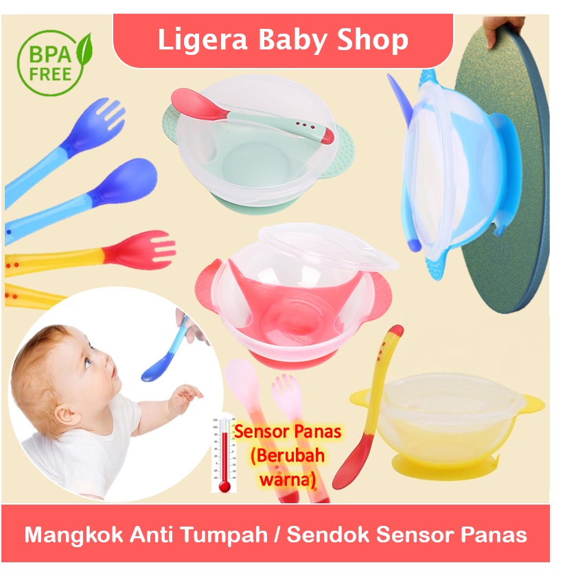 LIGERA Mangkok Anti Tumpah / Sendok Silikon Sensor Temperatur Suhu Panas / Garpu / Alat Makan Bayi