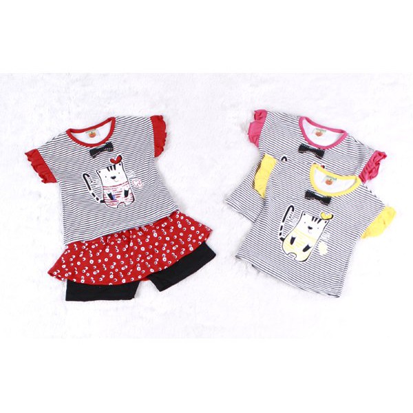 SETELAN ANAK PEREMPUAN 1 TAHUN ATASAN KAOS RUFFLE SET ROK CELANA PENDEK SW2572