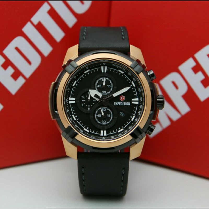 ORIGINAL GARANSI RESMI 1 TAHUN JAM TANGAN PRIA EXPEDITION COWOK ROSEGOLD BLACK KULIT EXP 6786 E6786
