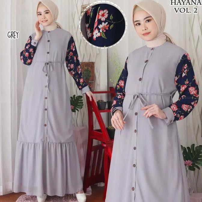 Baju Muslimah Hanaya Vol 2 / Gamis Pesta Polos Kombinasi Bunga - Grey Outletpraaa
