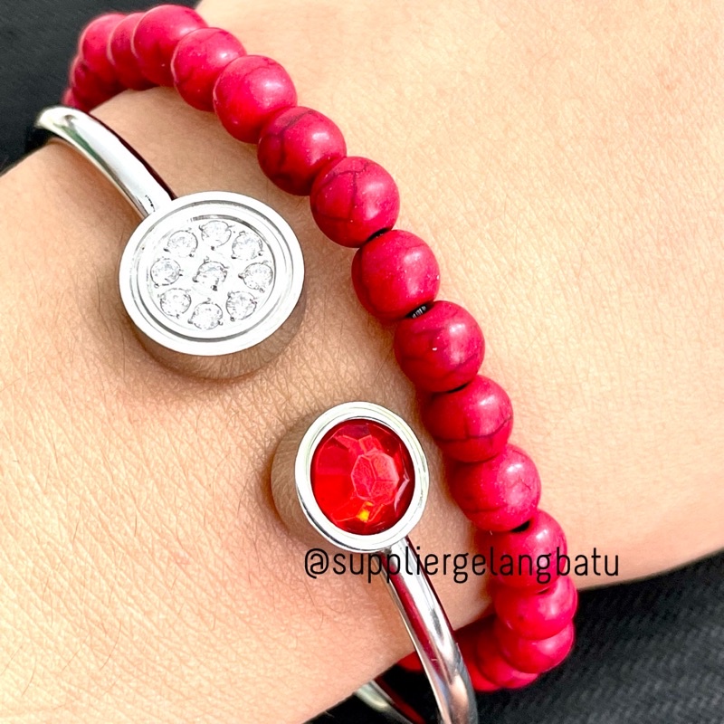 GELANG MERAH HOWLITE RED PYRUS 6MM FREE BOX KADO CANTIK