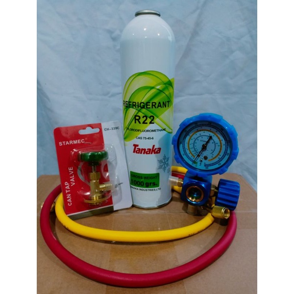 Paket pengisian Freon r22 tanaka(manifold siglass +can tap 339+selang r22 2 pcs+freon r22 1kg)