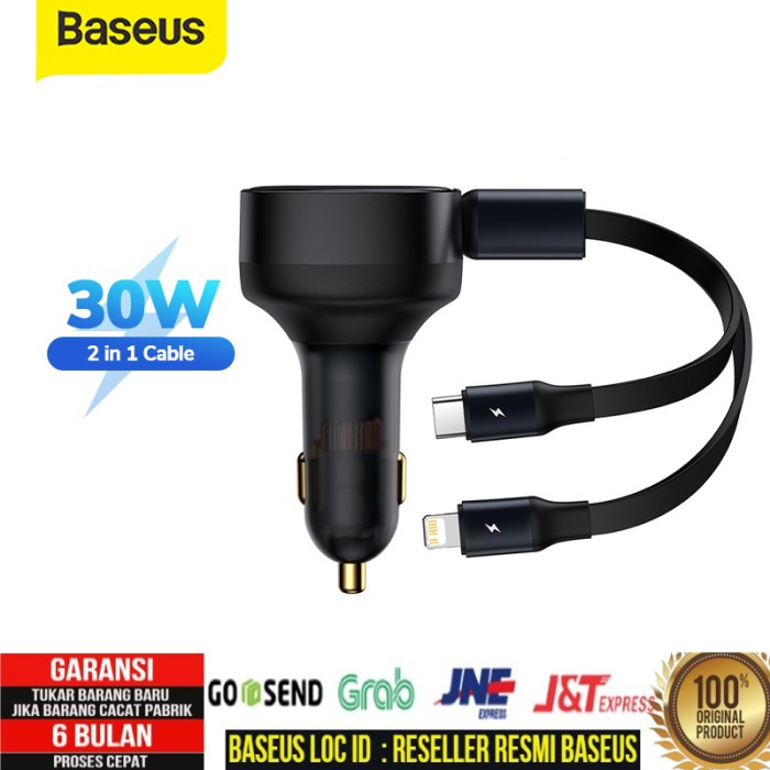 Baseus Car Charger Mobil 30W 2IN1 Built in Type-C Iphone Fast Charging