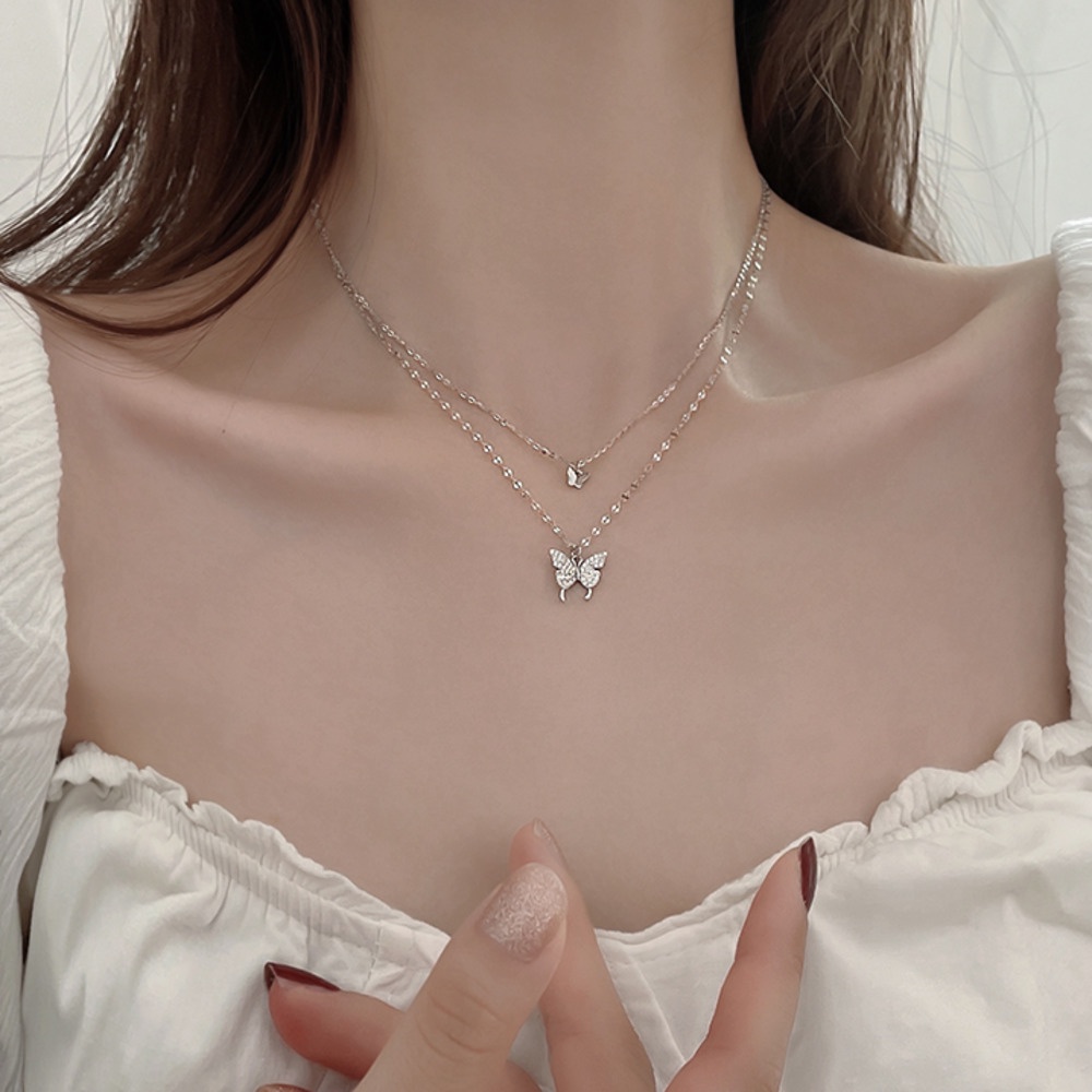 Kalung Rantai Klavikula Desain Double Butterfly Untuk Aksesoris