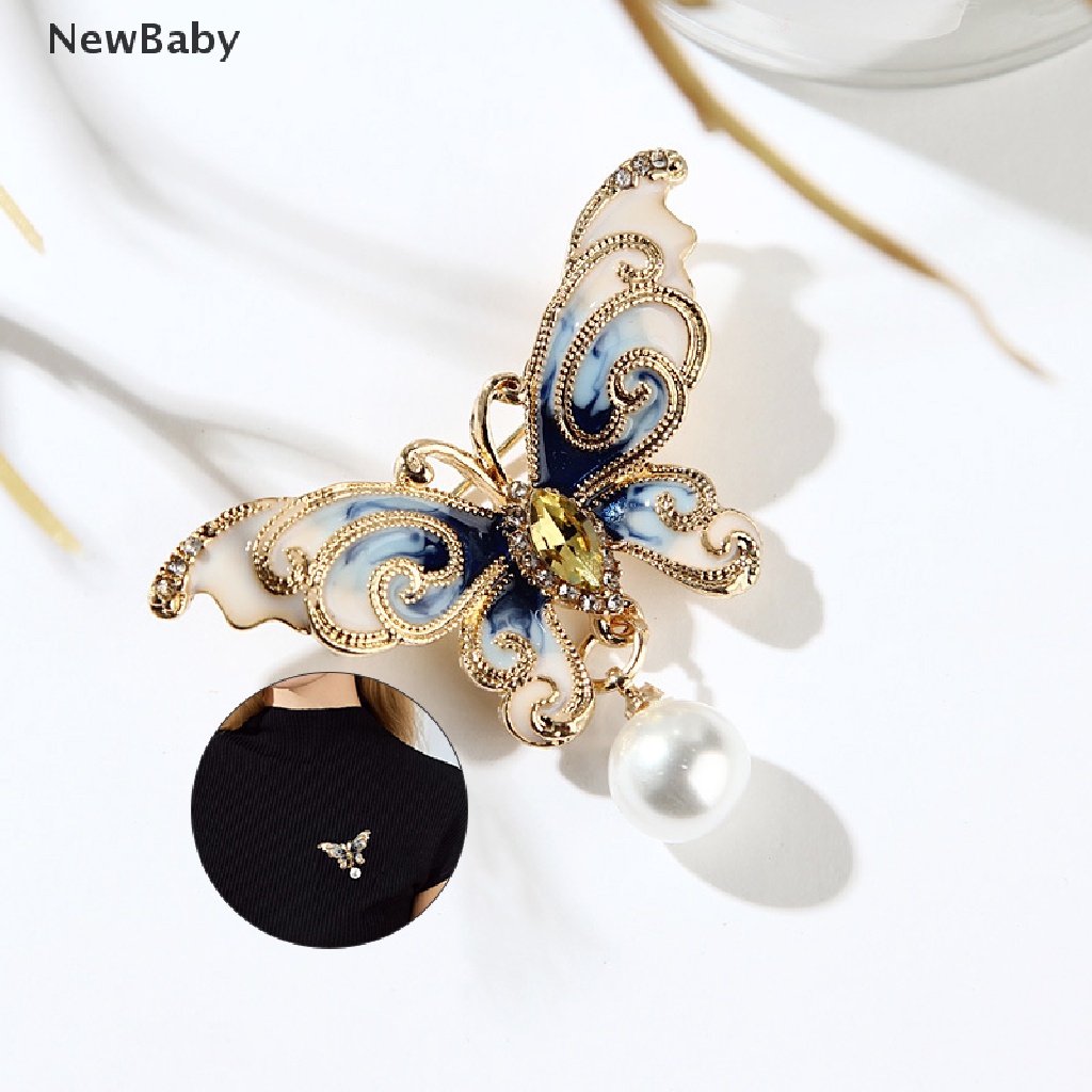 Bros Pin Enamel Bentuk Kupu-Kupu Aksen Mutiara Berlian Imitasi Untuk Wanita