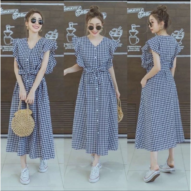 midi mini dress kotak dress korea blue korea