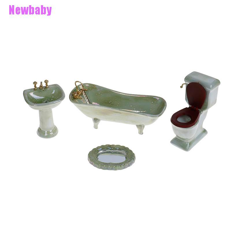 Newbaby Mainan Miniatur toilet + Wastafel Bahan Porselen Warna Hijau Untuk Aksesoris Rumah Boneka 1: 12