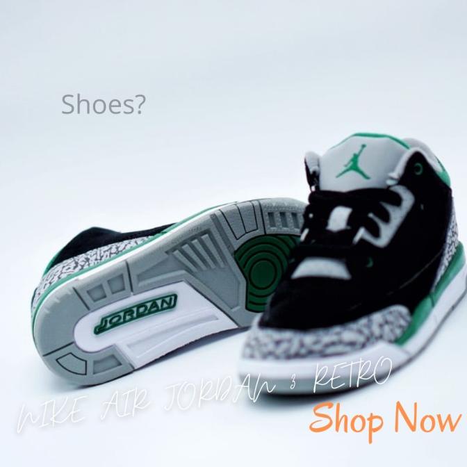 SEPATU ANAK LAKI LAKI ORIGINAL NIKE AIR JORDAN RETRO 3 MID BLACK GREEN SD145ES