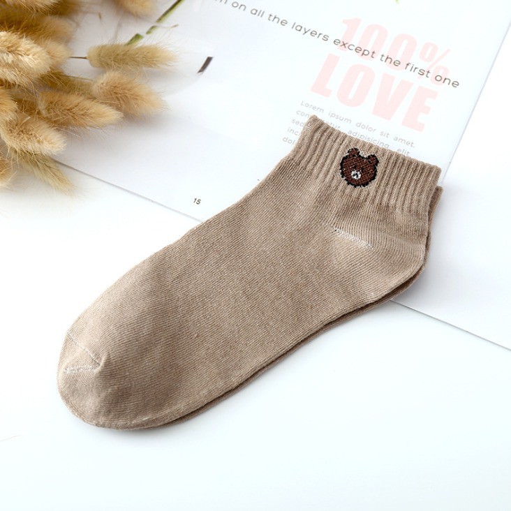 GGS D070 Kaos Kaki Ankle Dewasa Kaus Kaki Motif Bear Karakter Beruang Korea Unisex Murah-Coklat Muda