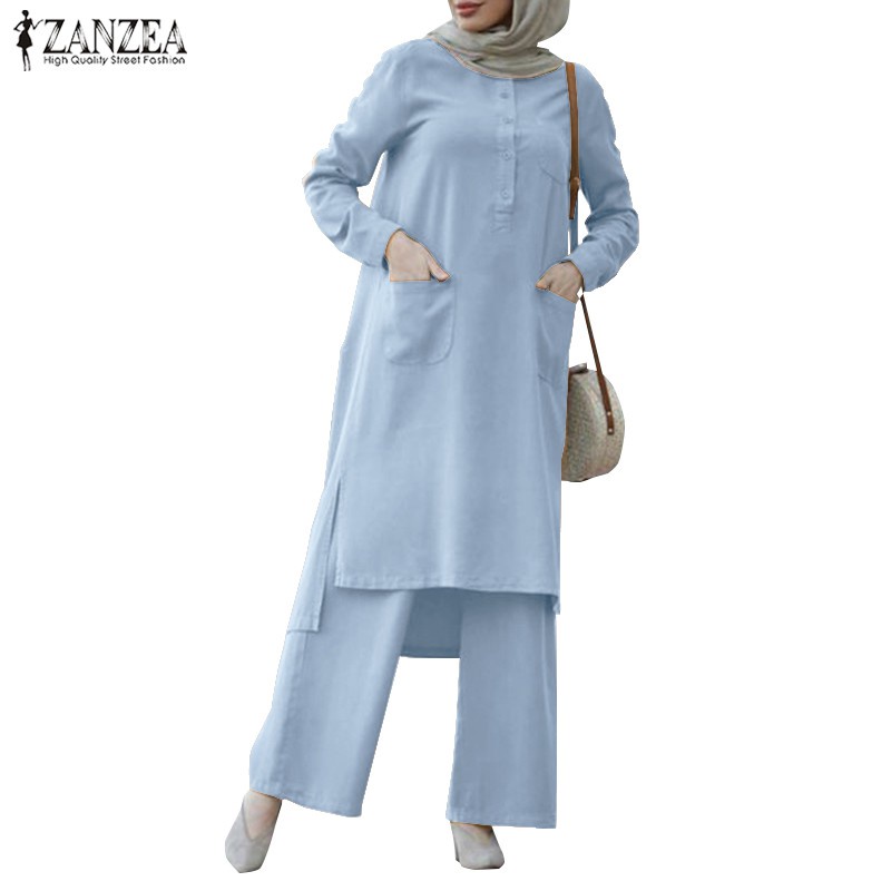 ZANZEA Women Casual Long Sleeve Elastic Waist Front Pockets Muslim Set