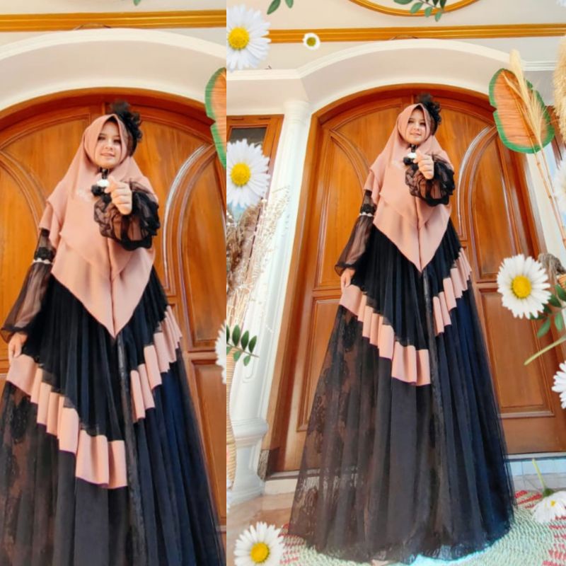 SET GAMIS SYARI MEWAH TILE by eve IR | Gamis Brokat Pesta | Gamis Brukat tile kriwil | Gamis Eve