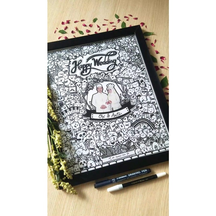 DOODLE ART WEDDING CUSTOM 01 VARIASI FOTO, FRAME MINIMALIS (UKURAN 15x20CM & 20x25CM - BERAT 1 KG)