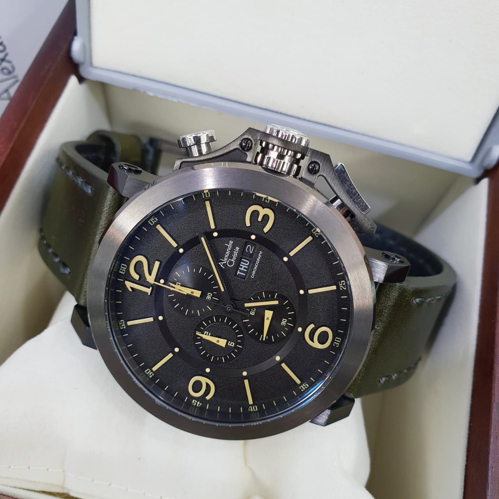 Jam original alexandre Christie AC 6281  pria tali kulit hijau grey