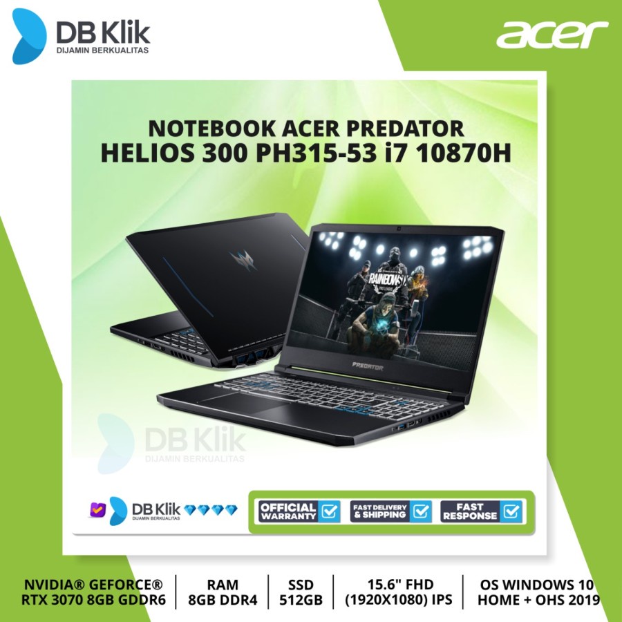 Notebook ACER PREDATOR Helios 300 PH315-53 i7 10870H 16GB RTX3070 W10