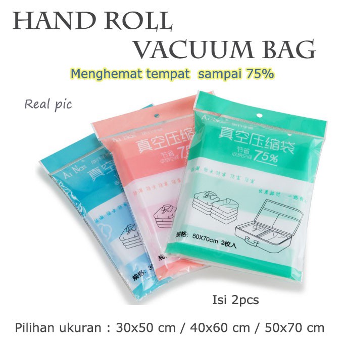 Hand Roll Press Travel Vacuum Bag Kantong Plastik Gulung Vakum Baju Ada 3 Ukuran