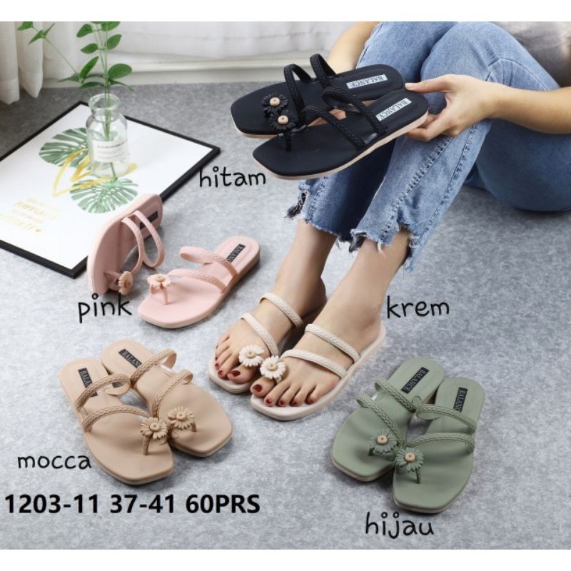 Sandal flat tali jempol bunga 1203-11