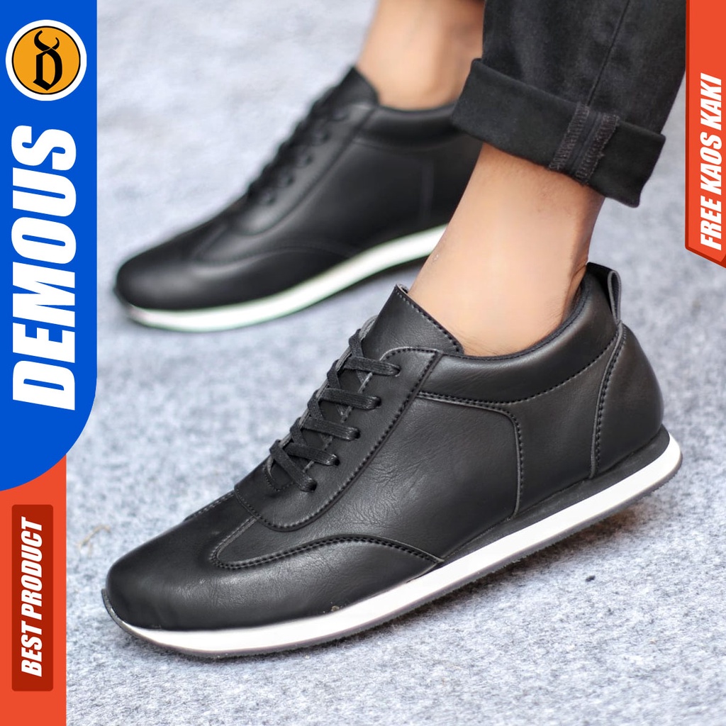 Sepatu Casual Pria Sneakers Hitam Kasual Kulit Pu Kekinian Kerja Kuliah Kantor Fashion Shoes Terbaru DEMOUS RONERO