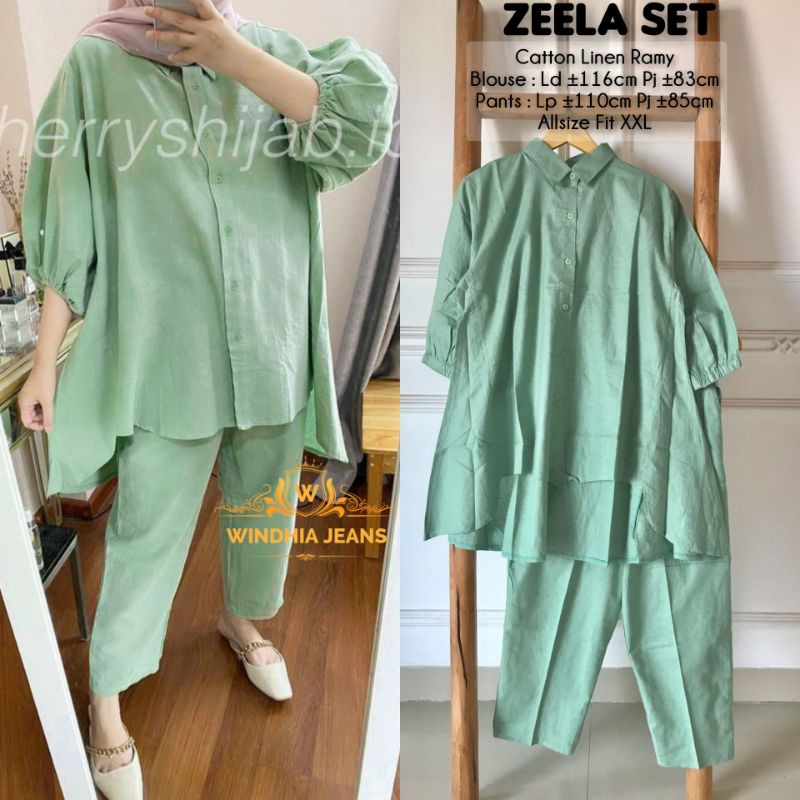 Zeela Citty One Set Setelan Cotton Katun Linen Ramy Outfit Fashion Pakaian Wanita Jumbo