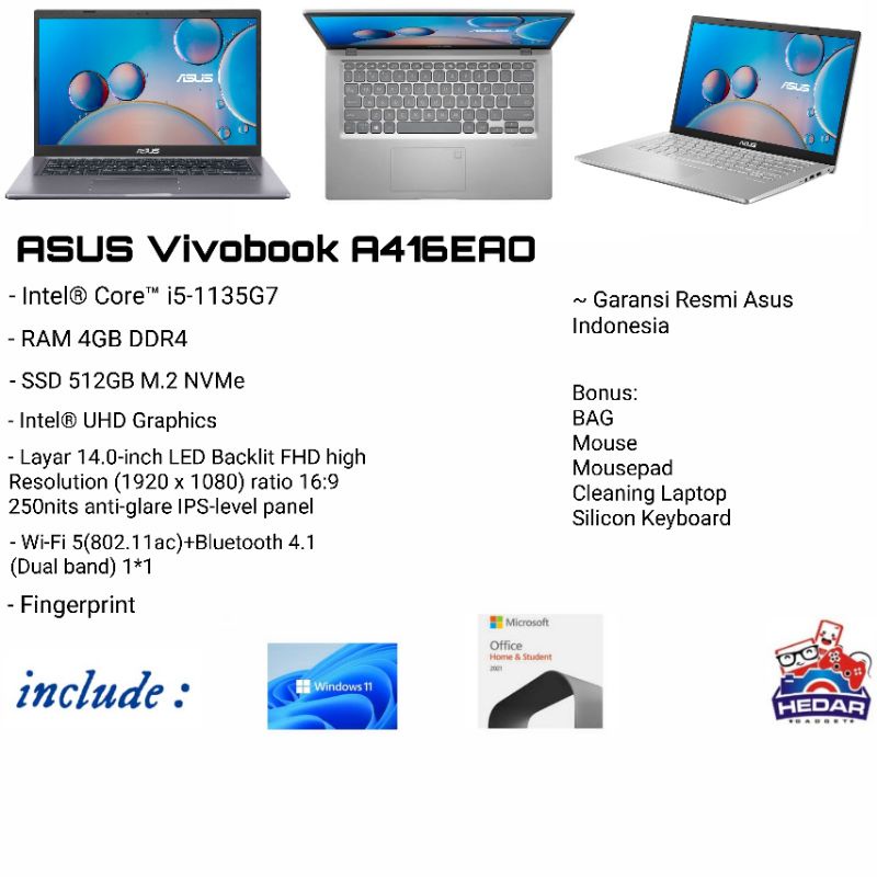 Asus Vivobook A416EAO i5 1135G7 4GB 512GB Intel W11 OHS 14 FHD