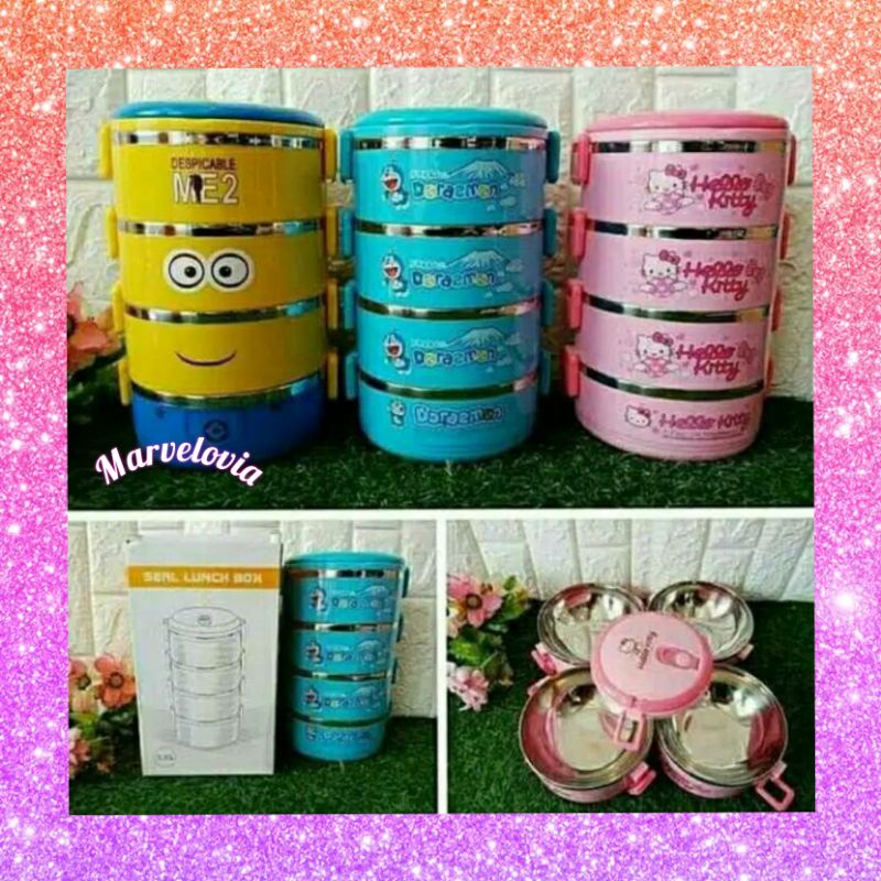 marvelashop Rantang 4 Susun Karakter Hellokitty Doraemon Minion