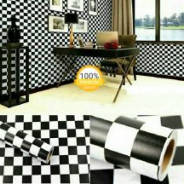 Wallpaper Sticker dinding warna hitam putih kotak -kotak elegant