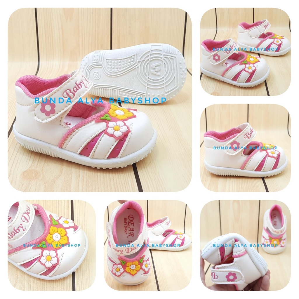 Sepatu Bayi Perempuan Empuk Usia 6 Bulan - 1 Tahun PUTIH Motif Bunga Bunyi Toet - Sepatu Anak Cewek Anti Slip