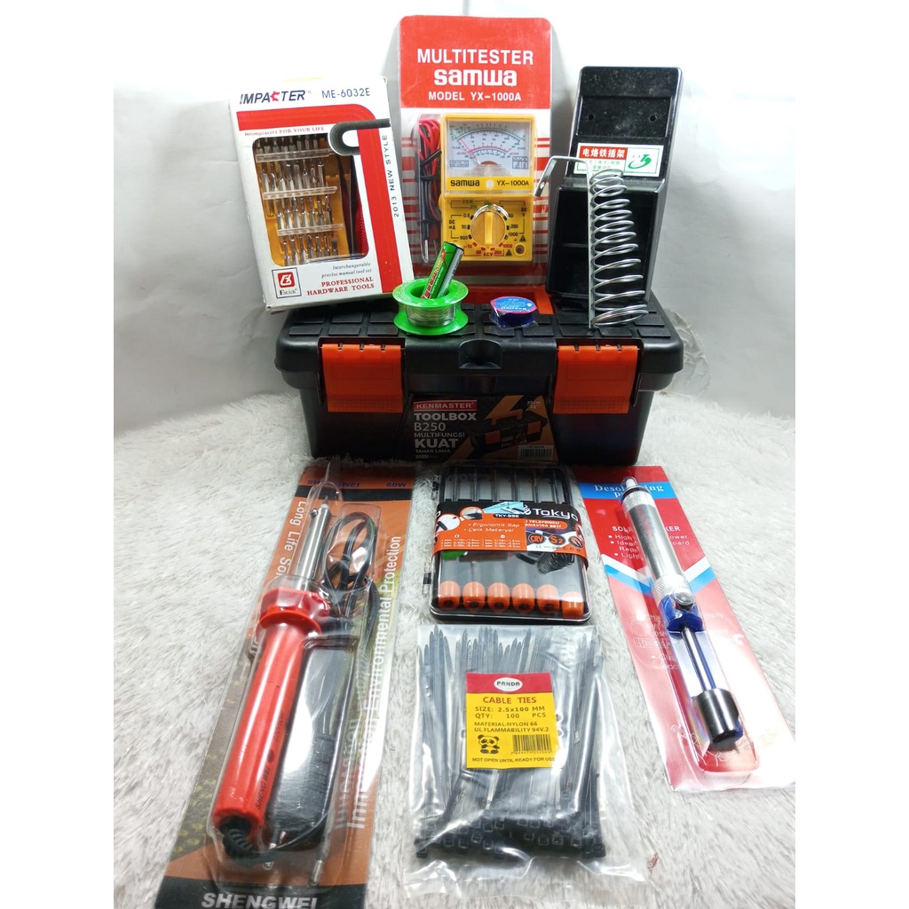 Alat solder listrik SOLDER 60Watt / tatakan / Multitester Analog / Obeng set 32 in 1 / Timah solder 