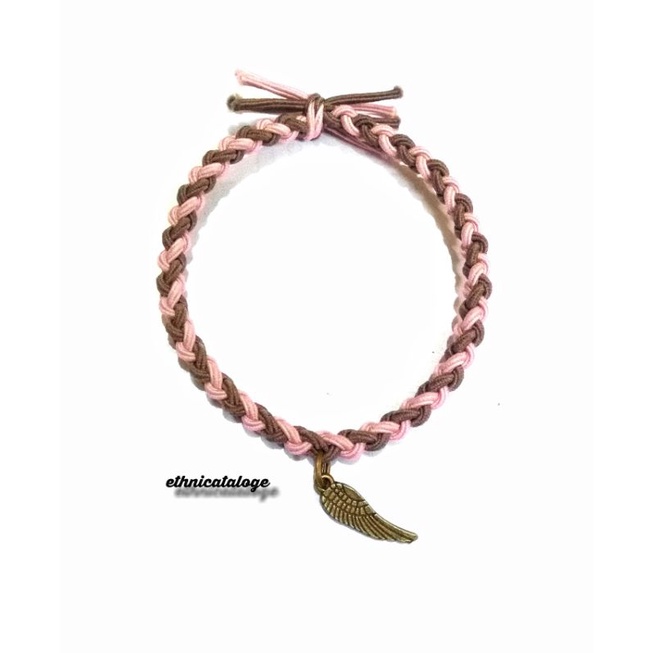 gelang wanita tali warna anyam liontin sayap bronze / mixed woven rope bracelet-Brown pink