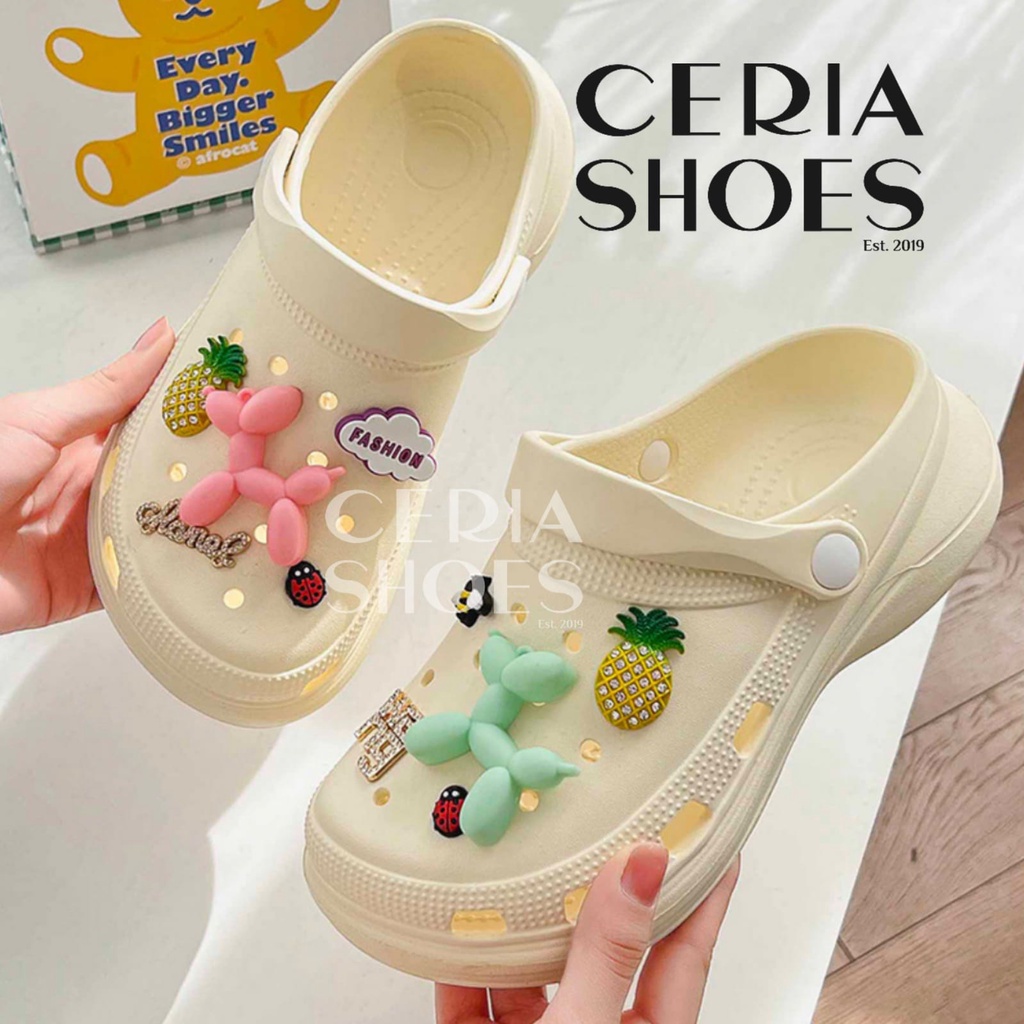 EVA Sandal Slop Wanita Bahan Karet Spons EVA Import Korean Super Empuk Ringan Elastis Tebal 5 Cm Jibbitz Ballons Non-Slip Sole Summer Sandals