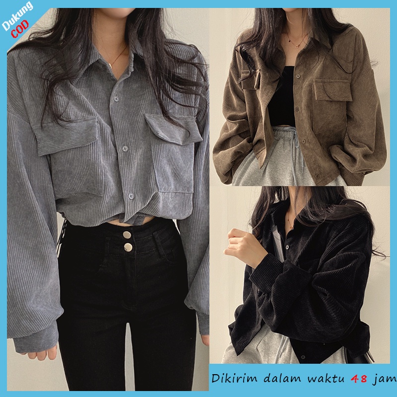 [chaoo.id]Jaket Kemeja Lengan Panjang Korduroi Retro  Loose korean style korea style Crop Jacket jaket wanita