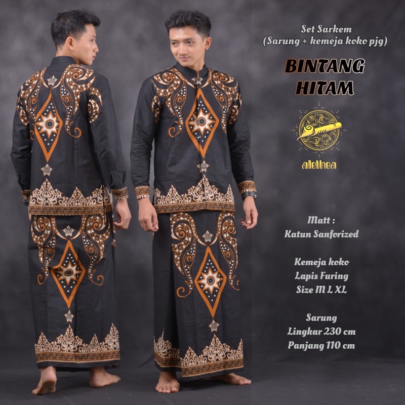 BINTANG HITAM PAN SET SARKEM Sarung Kemeja Batik Pria Solo Asli Lengan Panjang Cowok Dewasa Motif Ba