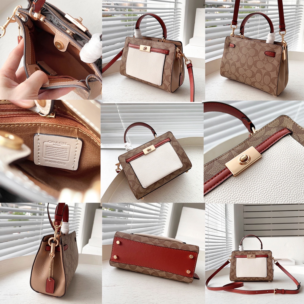 TAS WANITA SELEMPANG MINI LANE TOP HANDLE BROWN KHAKI WHITE LEATHER C8687