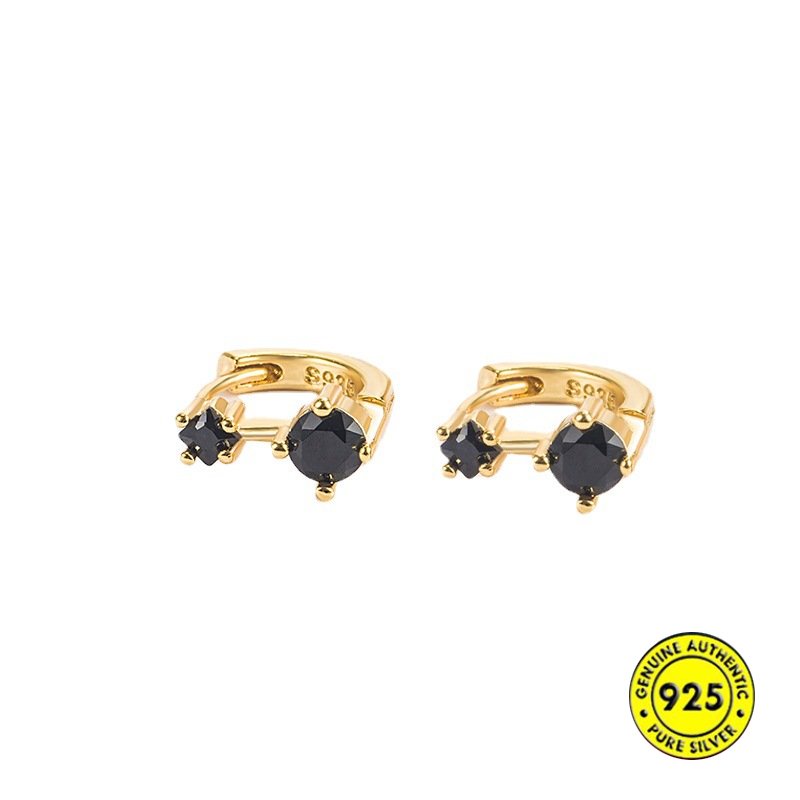 Anting Bulat Simple Warna Hitam Hias Berlian Imitasi Untuk Wanita U1027